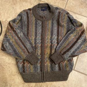 LeRoy Knitwear Mens Acrylic Wool Zip Up Jacket Size S long sleeve Shoulder pads